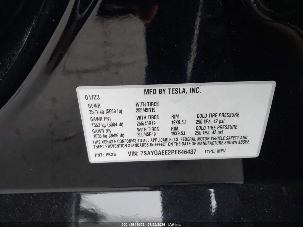 7SAYGAEE2PF646437 2023 TESLA MODEL Y photo no. 9