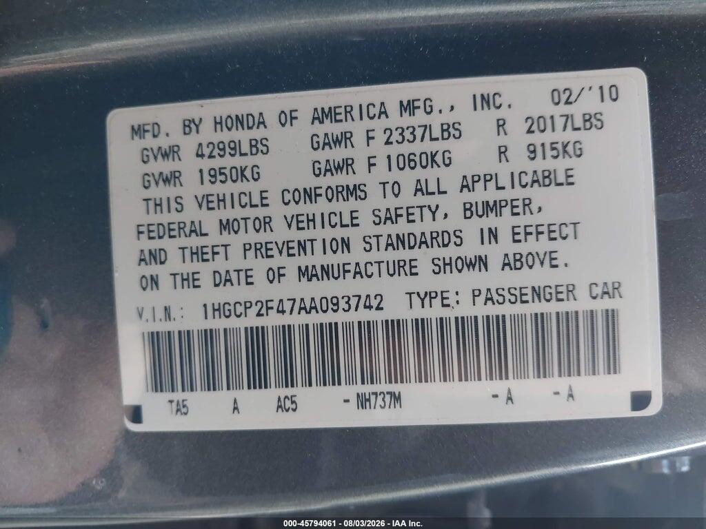 1HGCP2F47AA093742 2010 HONDA ACCORD photo no. 9