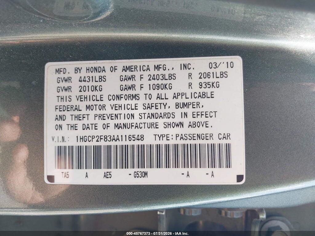 1HGCP2F83AA116548 2010 HONDA ACCORD photo no. 9