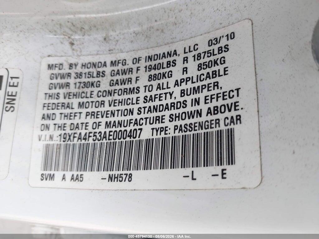 19XFA4F53AE000407 2010 HONDA CIVIC photo no. 9
