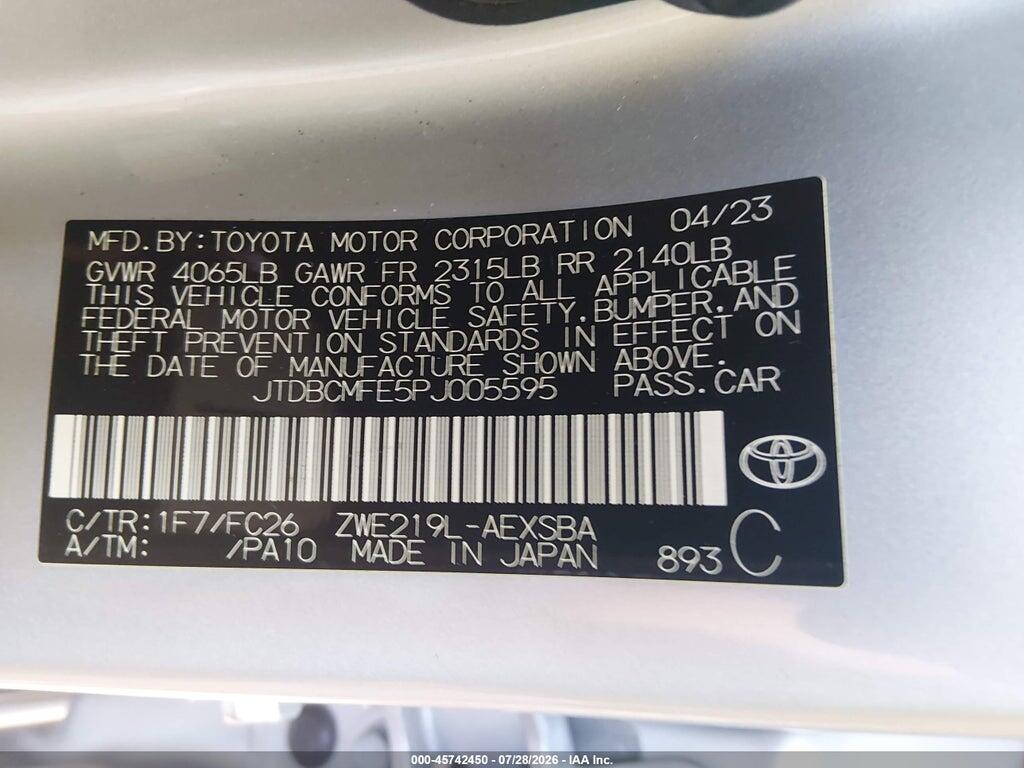 JTDBCMFE5PJ005595 2023 TOYOTA COROLLA photo no. 9