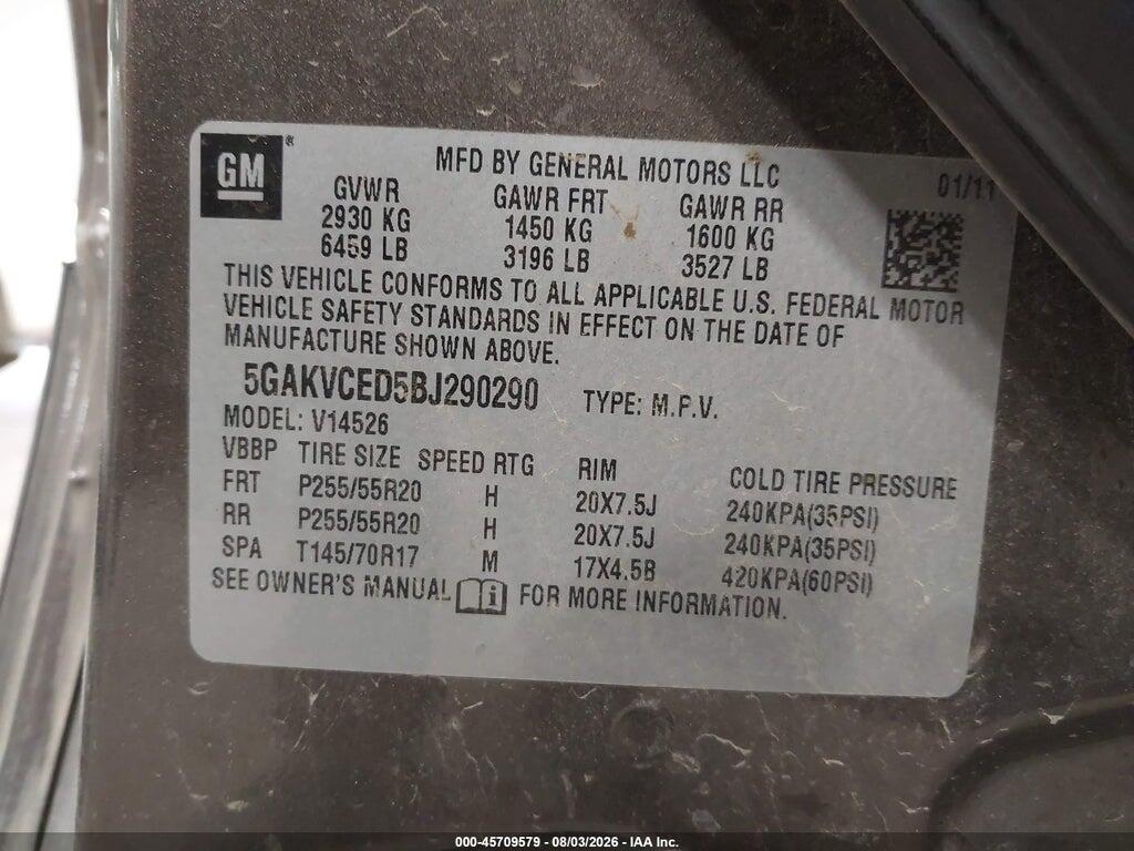5GAKVCED5BJ290290 2011 BUICK ENCLAVE photo no. 9