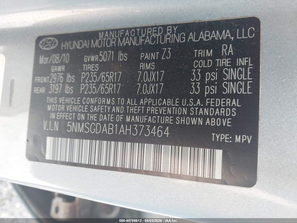 5NMSGDAB1AH373464 2010 HYUNDAI SANTA FE photo no. 9