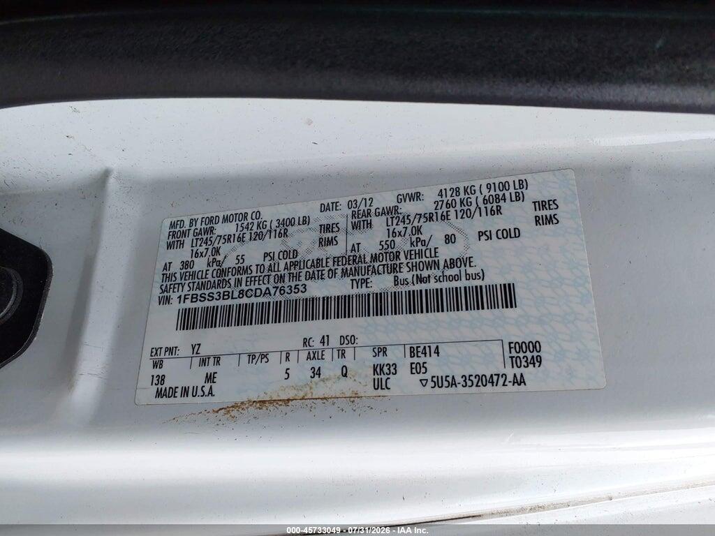 1FBSS3BL8CDA76353 2012 FORD E-350 SUPER DUTY photo no. 9