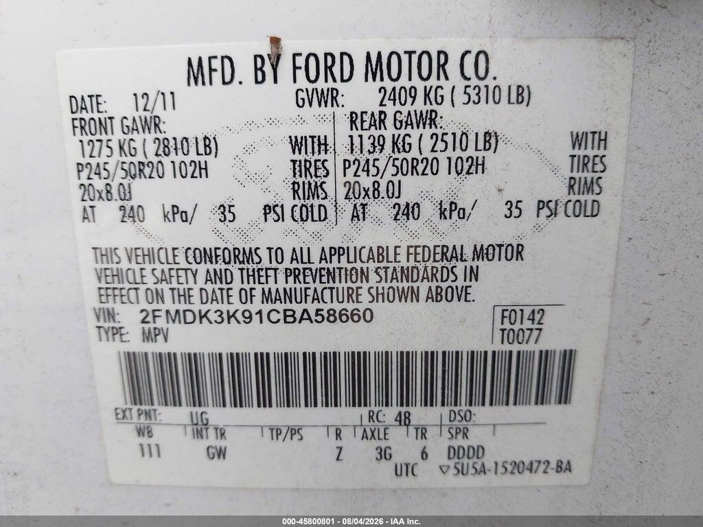 2FMDK3K91CBA58660 2012 FORD EDGE photo no. 9