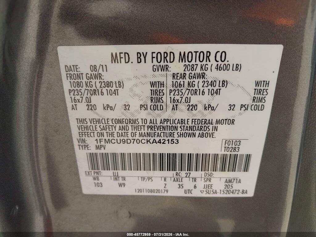 1FMCU9D70CKA42153 2012 FORD ESCAPE photo no. 9