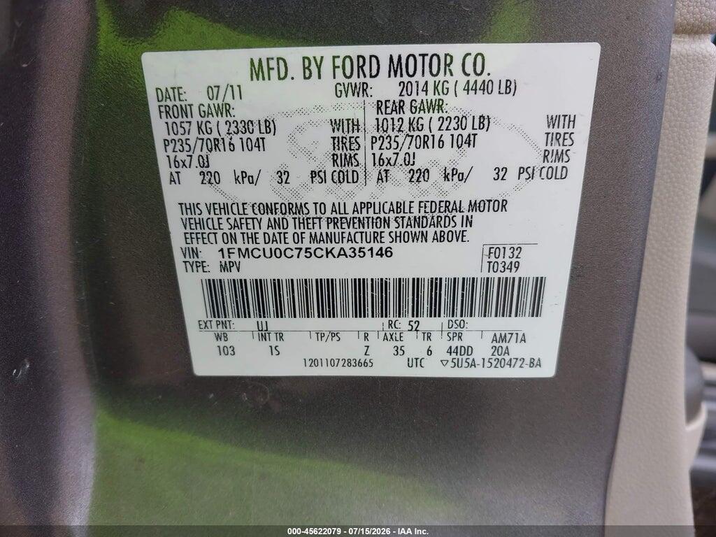 1FMCU0C75CKA35146 2012 FORD ESCAPE photo no. 9