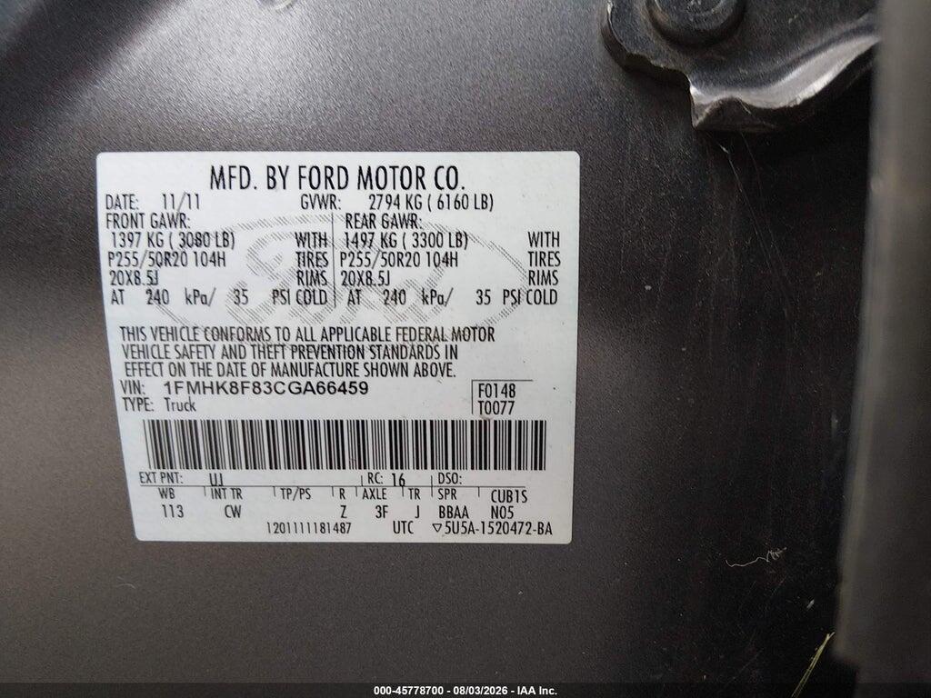 1FMHK8F83CGA66459 2012 FORD EXPLORER photo no. 9