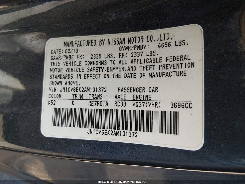 JN1CV6EK2AM101372 2010 INFINITI G37 photo no. 9