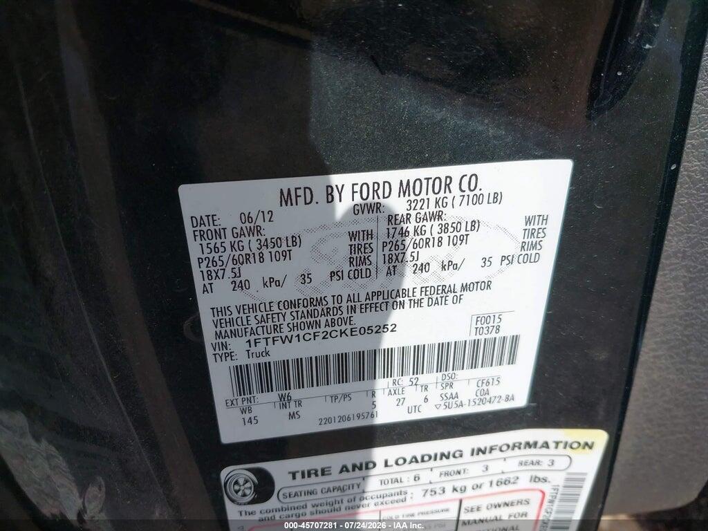 1FTFW1CF2CKE05252 2012 FORD F-150 photo no. 9