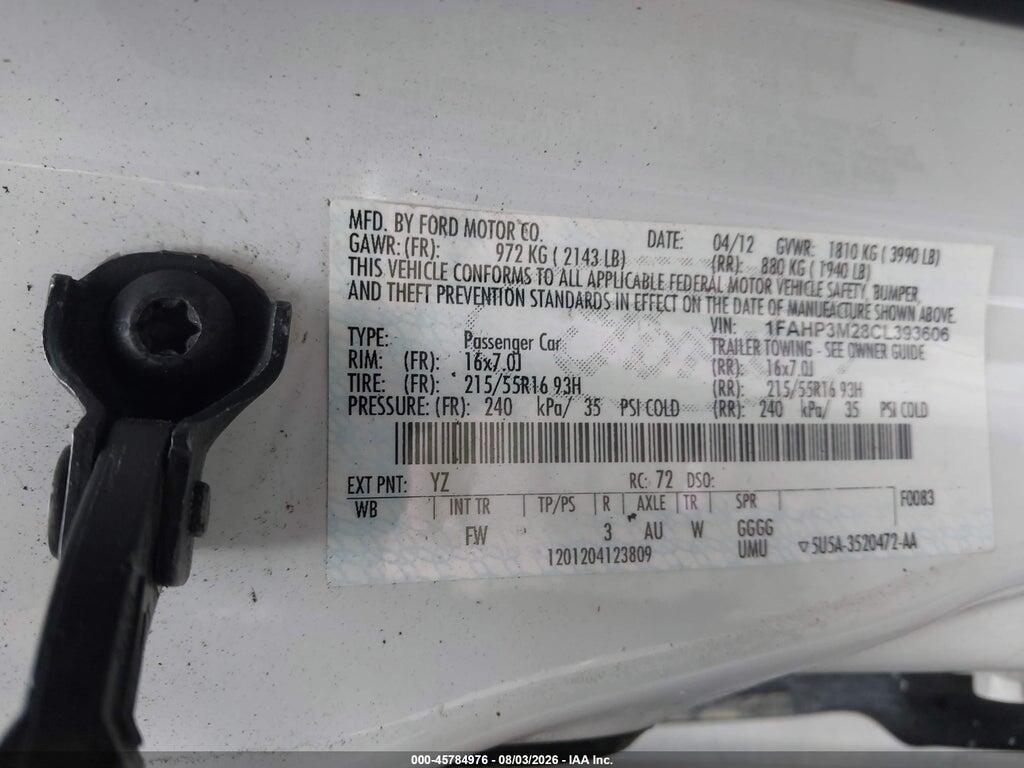 1FAHP3M28CL393606 2012 FORD FOCUS photo no. 9