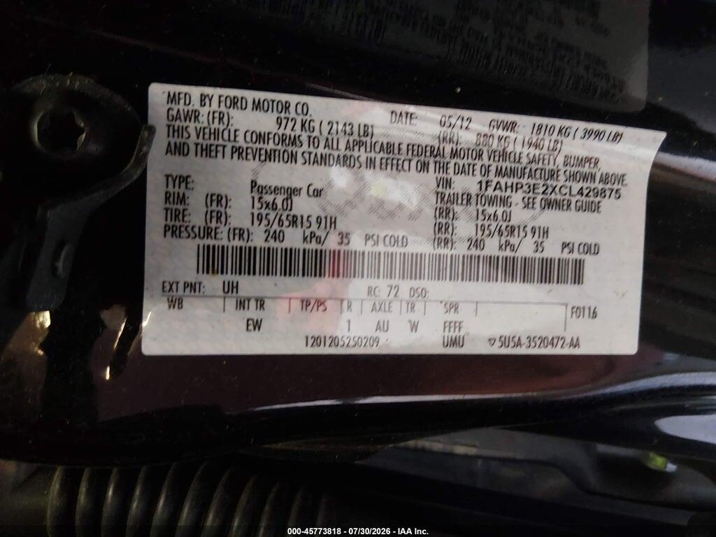 1FAHP3E2XCL429875 2012 FORD FOCUS photo no. 9