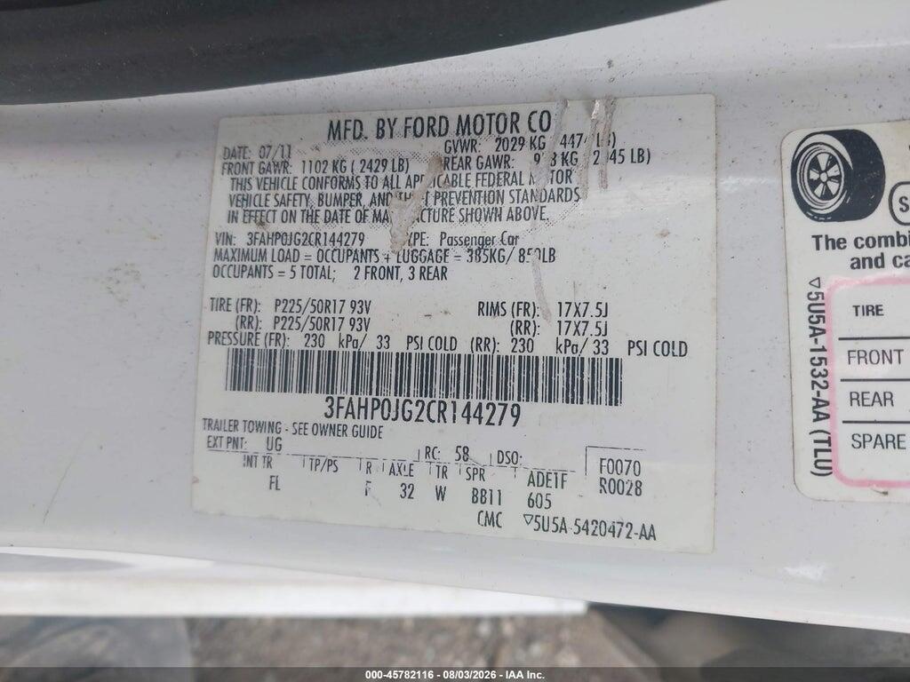 3FAHP0JG2CR144279 2012 FORD FUSION photo no. 9