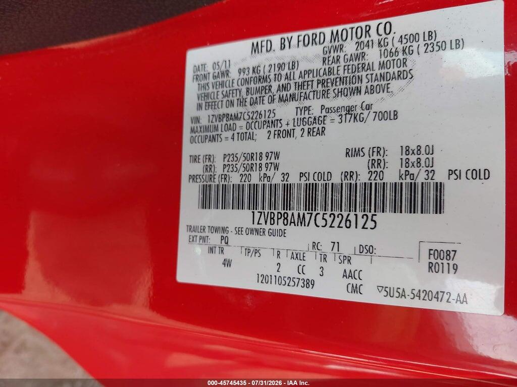 1ZVBP8AM7C5226125 2012 FORD MUSTANG photo no. 9