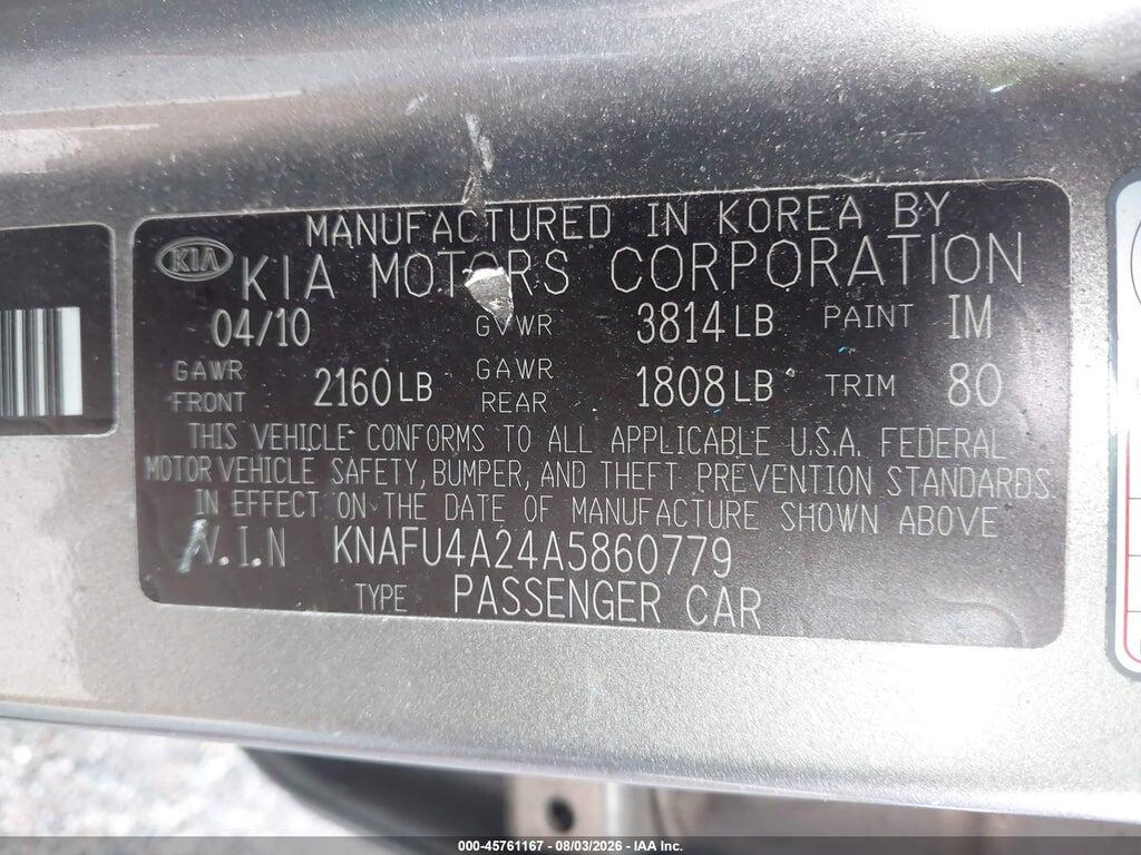 KNAFU4A24A5860779 2010 KIA FORTE photo no. 9