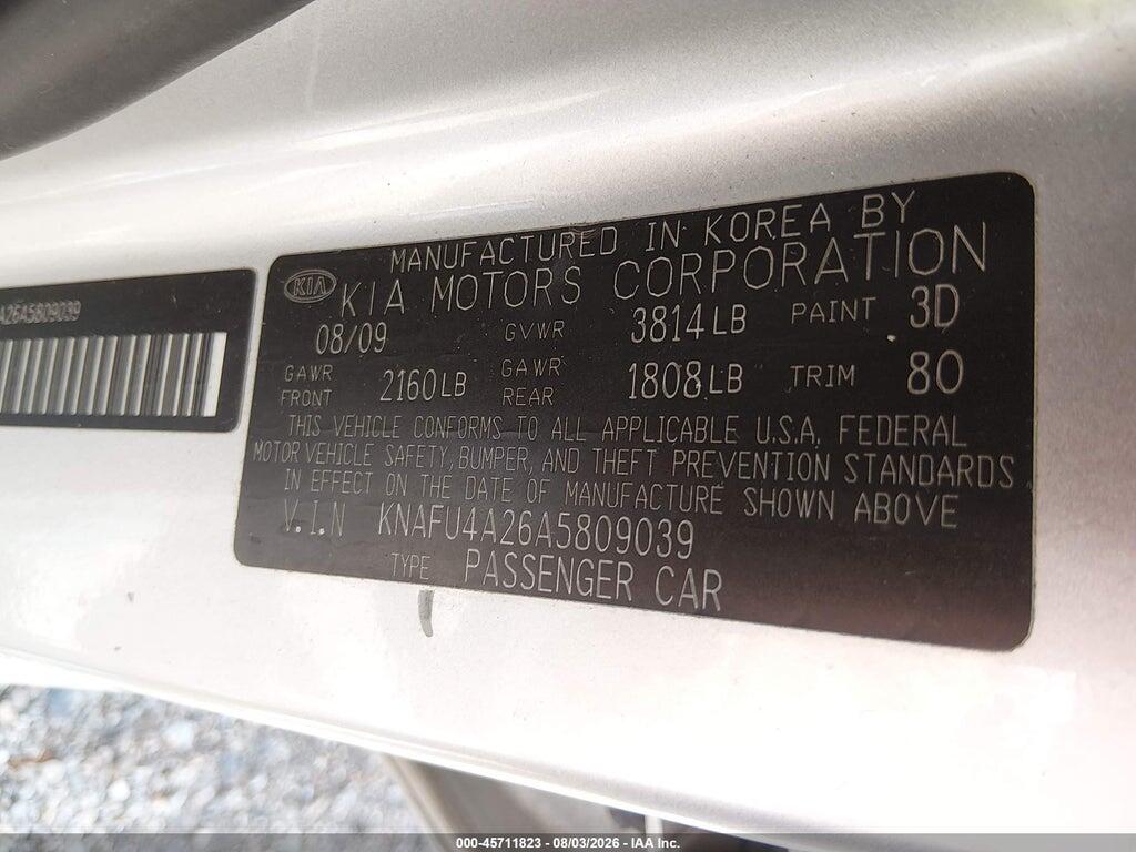 KNAFU4A26A5809039 2010 KIA FORTE photo no. 9