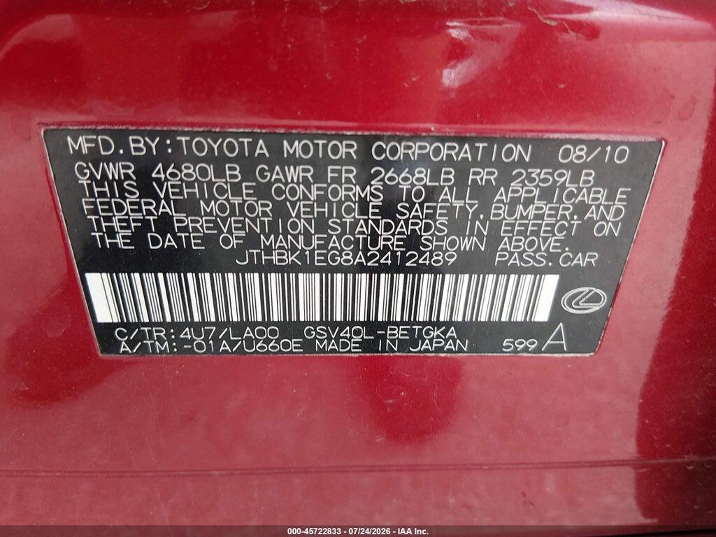 JTHBK1EG8A2412489 2010 LEXUS ES 350 photo no. 9