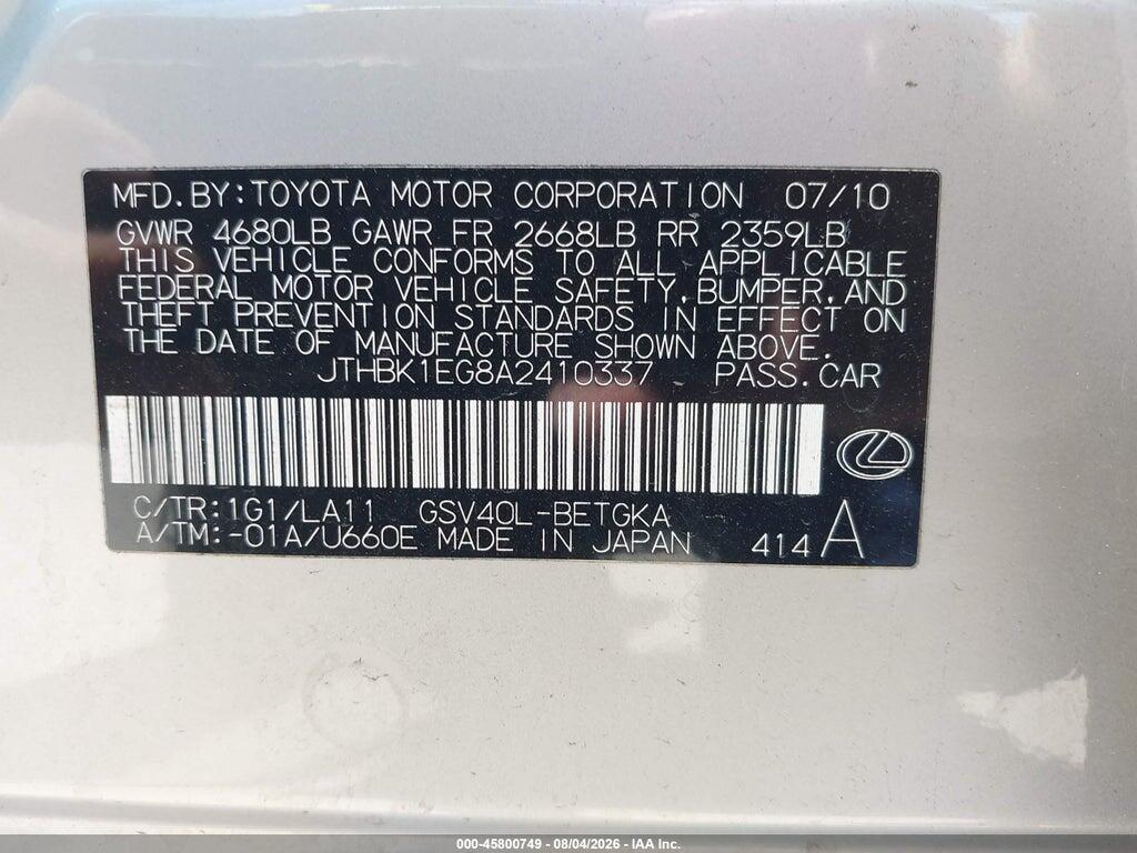 JTHBK1EG8A2410337 2010 LEXUS ES 350 photo no. 9