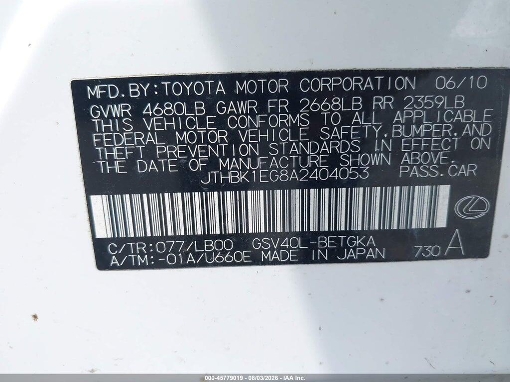 JTHBK1EG8A2404053 2010 LEXUS ES 350 photo no. 9