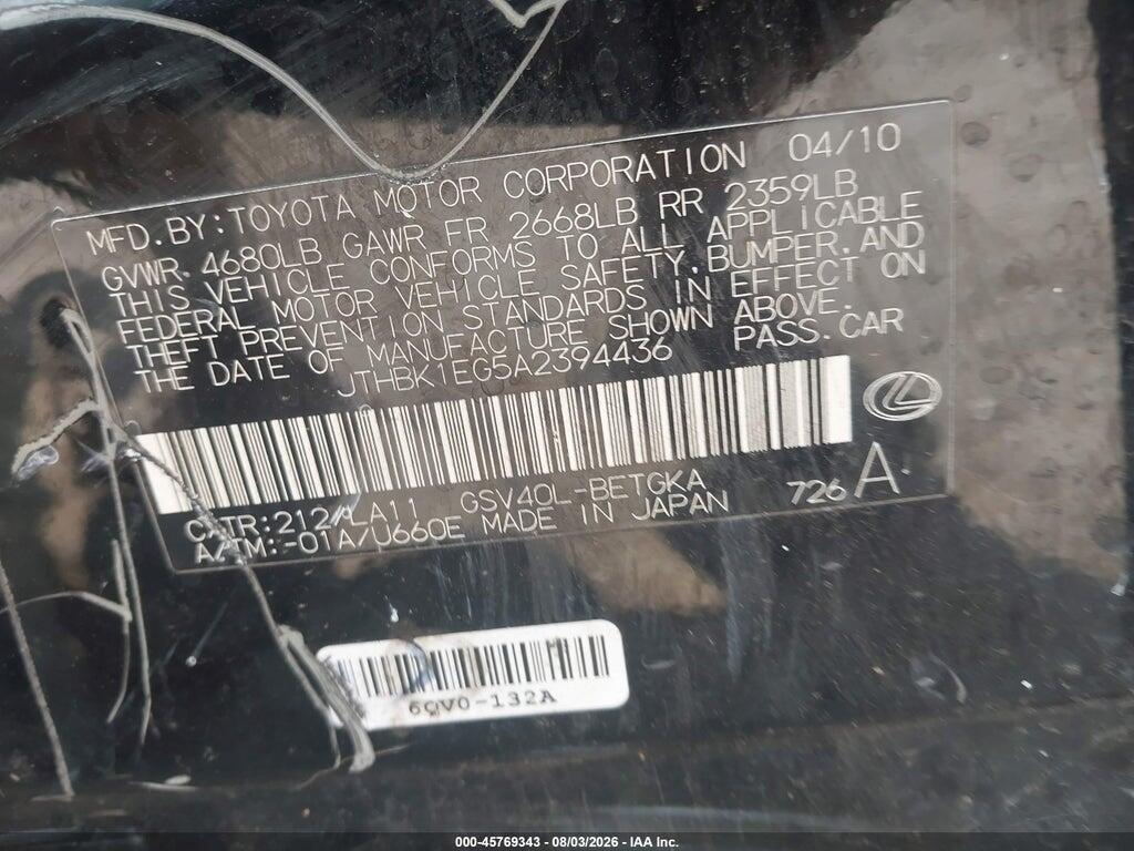 JTHBK1EG5A2394436 2010 LEXUS ES 350 photo no. 9