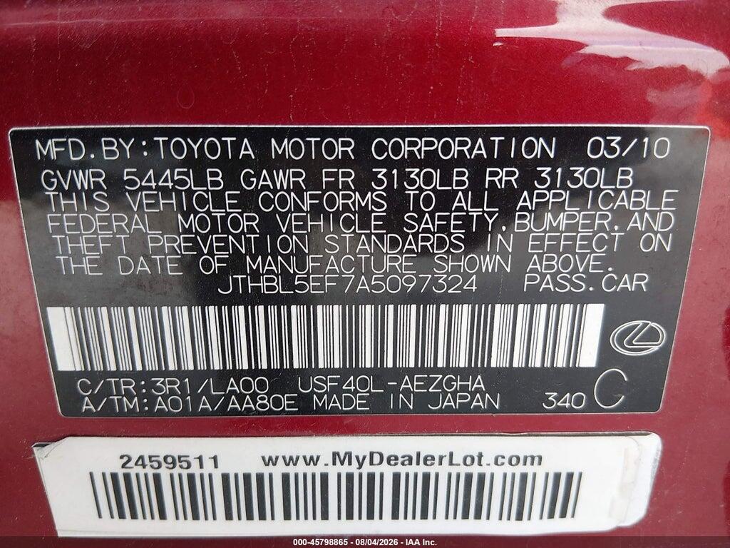JTHBL5EF7A5097324 2010 LEXUS LS 460 photo no. 9