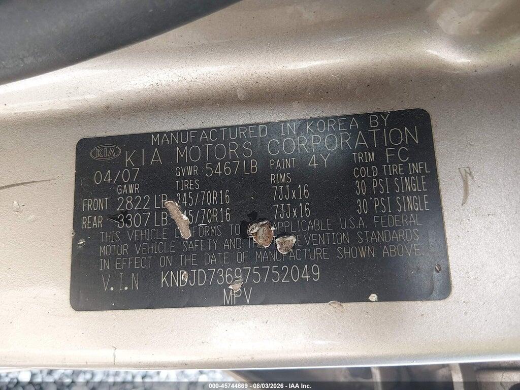KNDJD736975752049 2007 KIA SORENTO photo no. 9