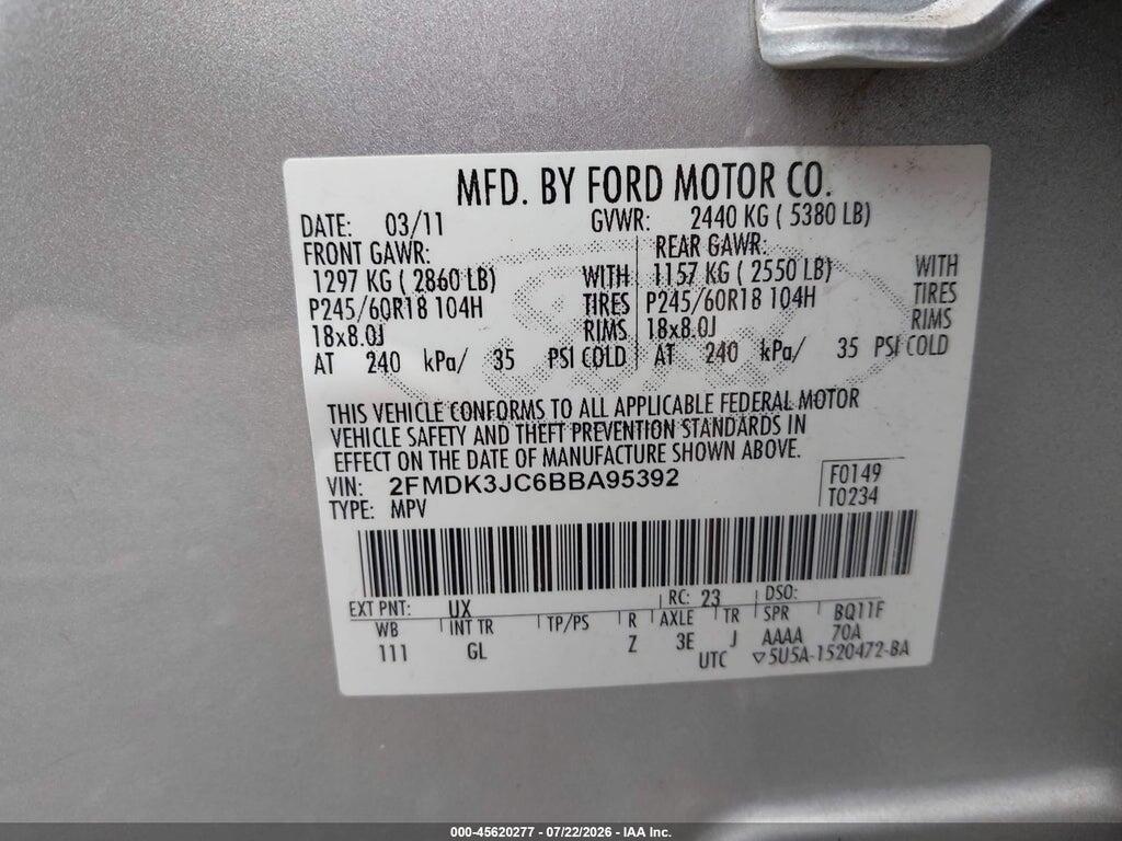 2FMDK3JC6BBA95392 2011 FORD EDGE photo no. 9