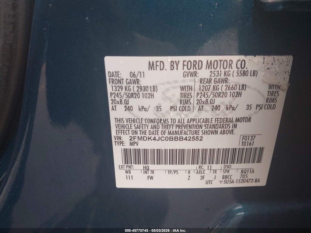 2FMDK4JC0BBB42552 2011 FORD EDGE photo no. 9