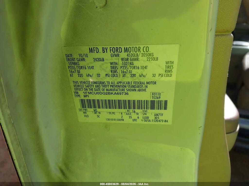 1FMCU0DG2BKA69736 2011 FORD ESCAPE photo no. 9