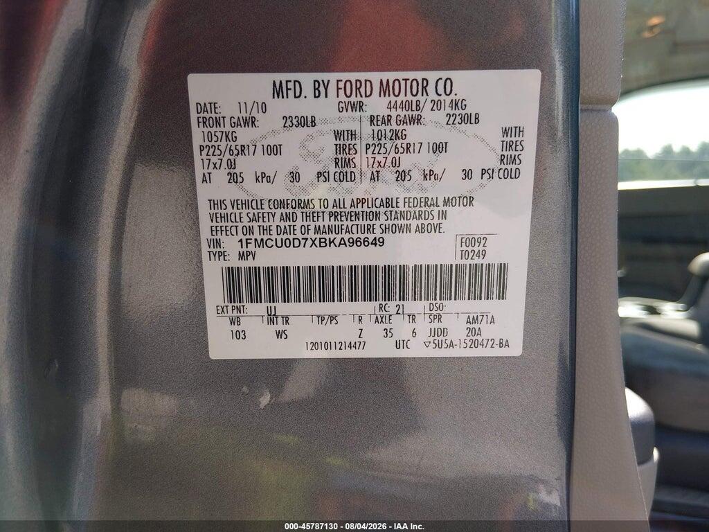 1FMCU0D7XBKA96649 2011 FORD ESCAPE photo no. 9