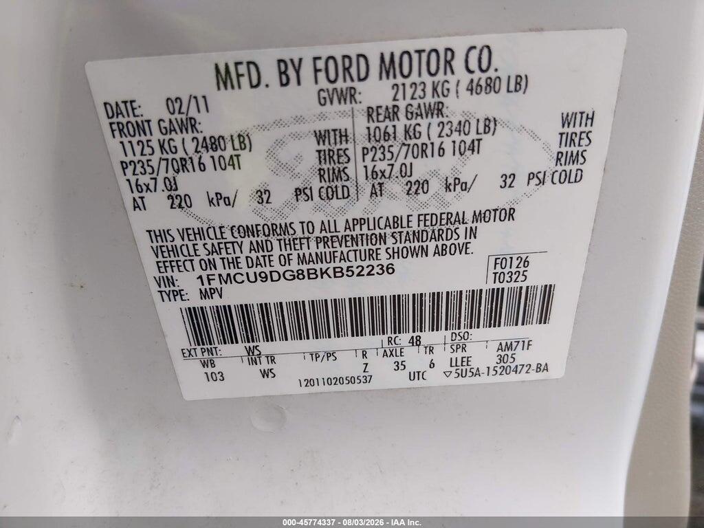 1FMCU9DG8BKB52236 2011 FORD ESCAPE photo no. 9