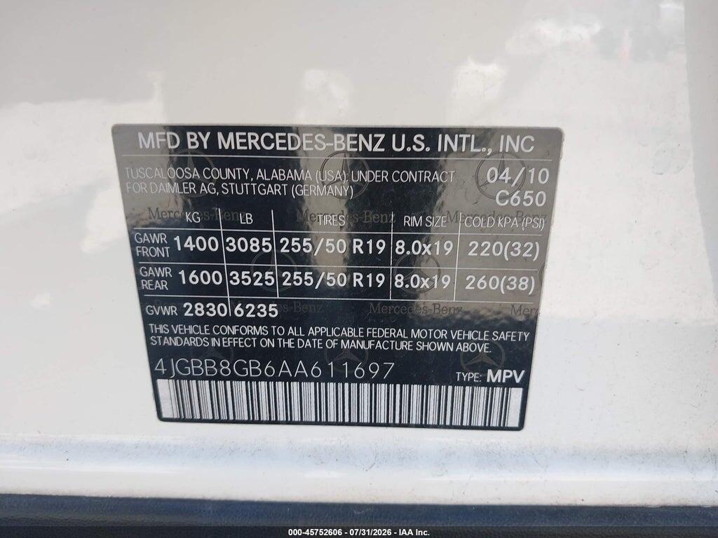 4JGBB8GB6AA611697 2010 MERCEDES-BENZ ML 350 photo no. 9