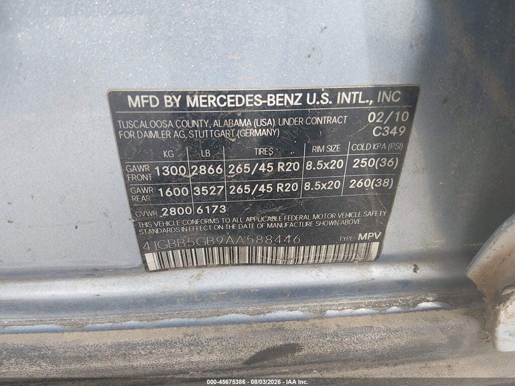 4JGBB5GB9AA588446 2010 MERCEDES-BENZ ML 350 photo no. 9