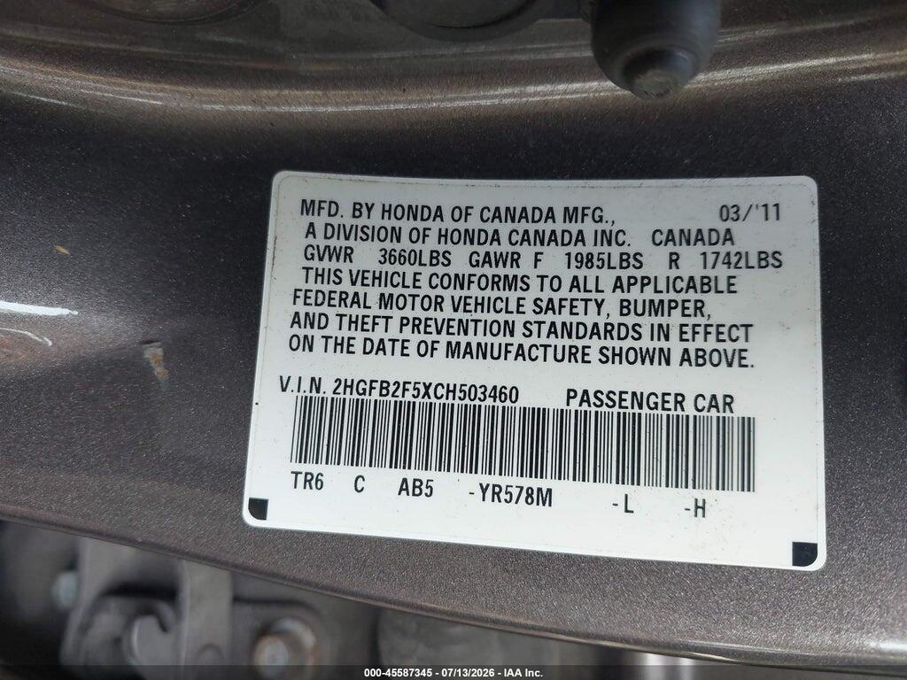 2HGFB2F5XCH503460 2012 HONDA CIVIC photo no. 9