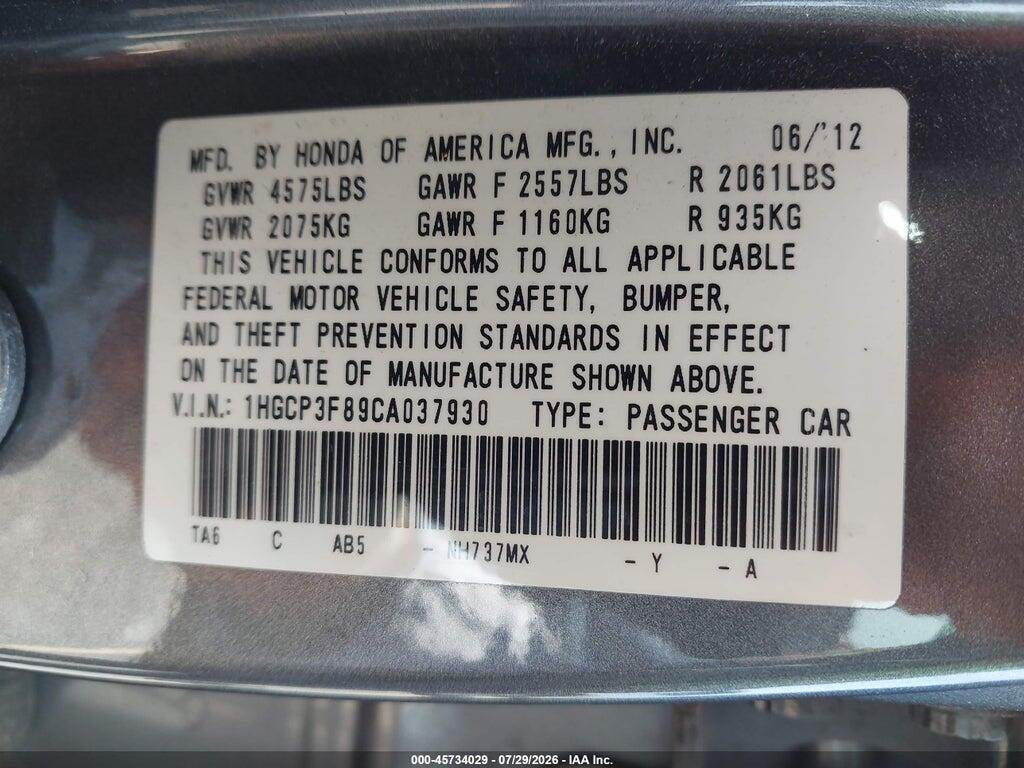 1HGCP3F89CA037930 2012 HONDA ACCORD photo no. 9