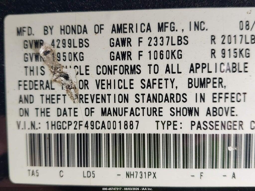 1HGCP2F49CA001887 2012 HONDA ACCORD photo no. 9