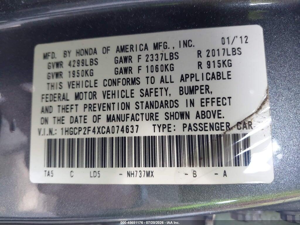 1HGCP2F4XCA074637 2012 HONDA ACCORD photo no. 9