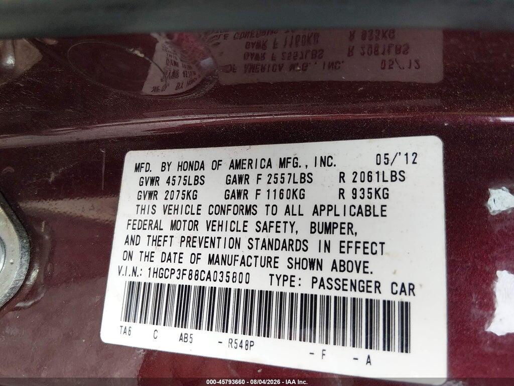 1HGCP3F88CA035800 2012 HONDA ACCORD photo no. 9