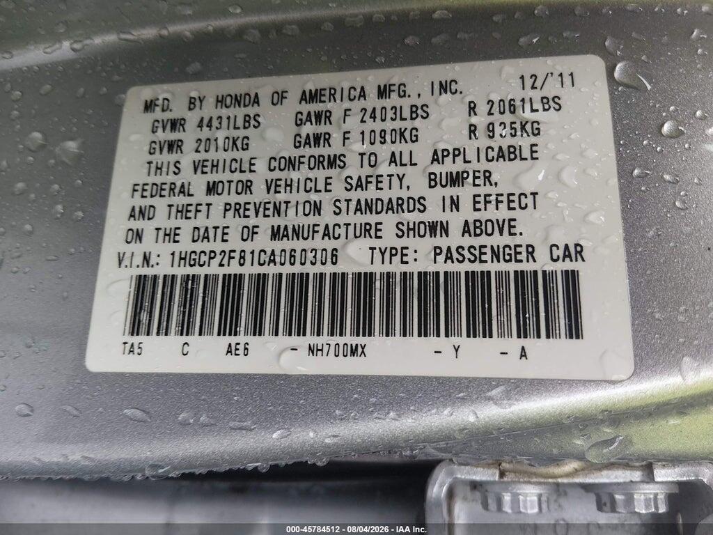 1HGCP2F81CA060306 2012 HONDA ACCORD photo no. 9