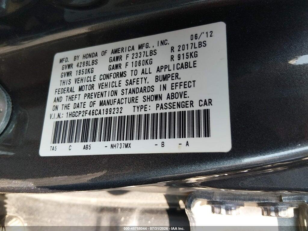 1HGCP2F46CA199232 2012 HONDA ACCORD photo no. 9