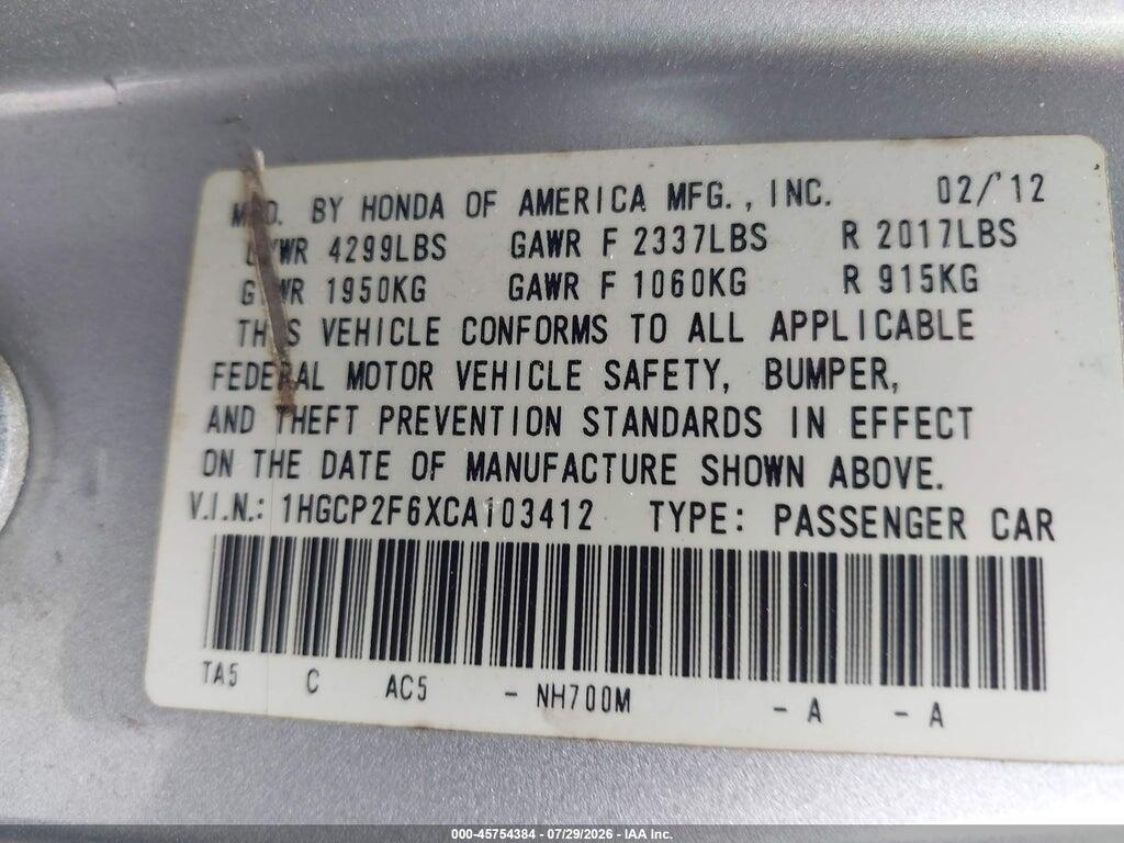 1HGCP2F6XCA103412 2012 HONDA ACCORD photo no. 9