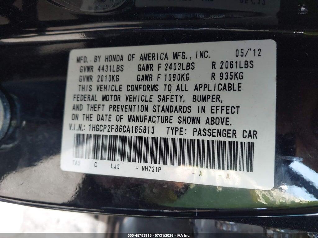 1HGCP2F86CA165813 2012 HONDA ACCORD photo no. 9