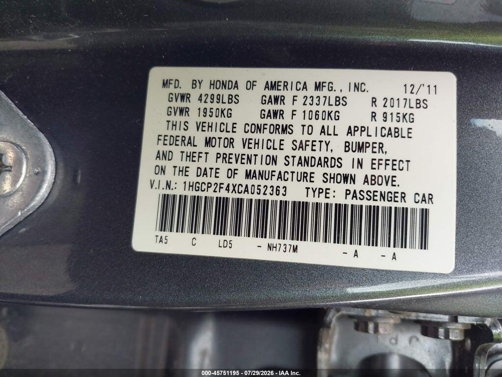 1HGCP2F4XCA052363 2012 HONDA ACCORD photo no. 9