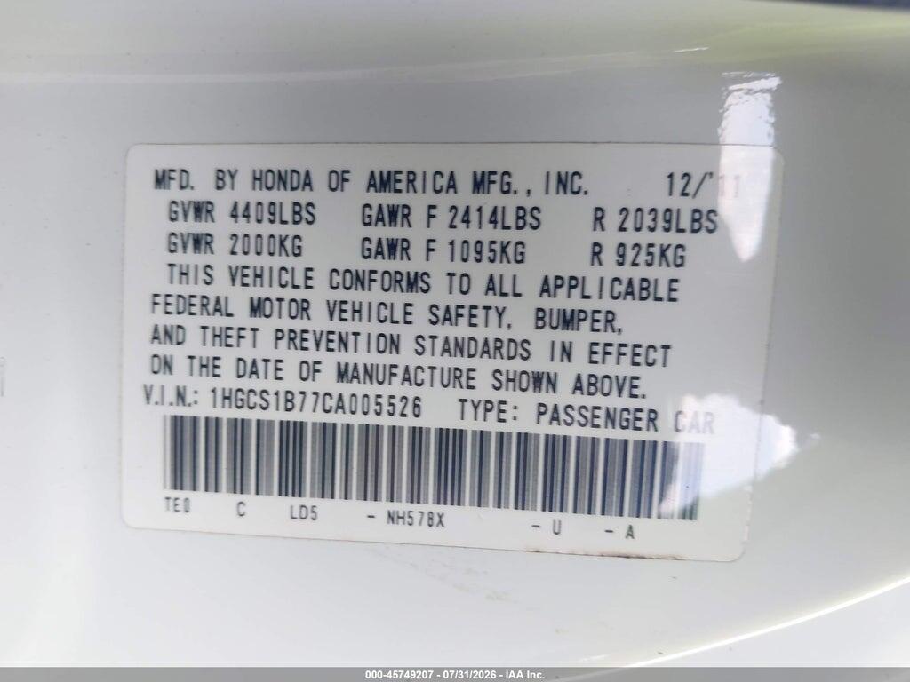 1HGCS1B77CA005526 2012 HONDA ACCORD photo no. 9