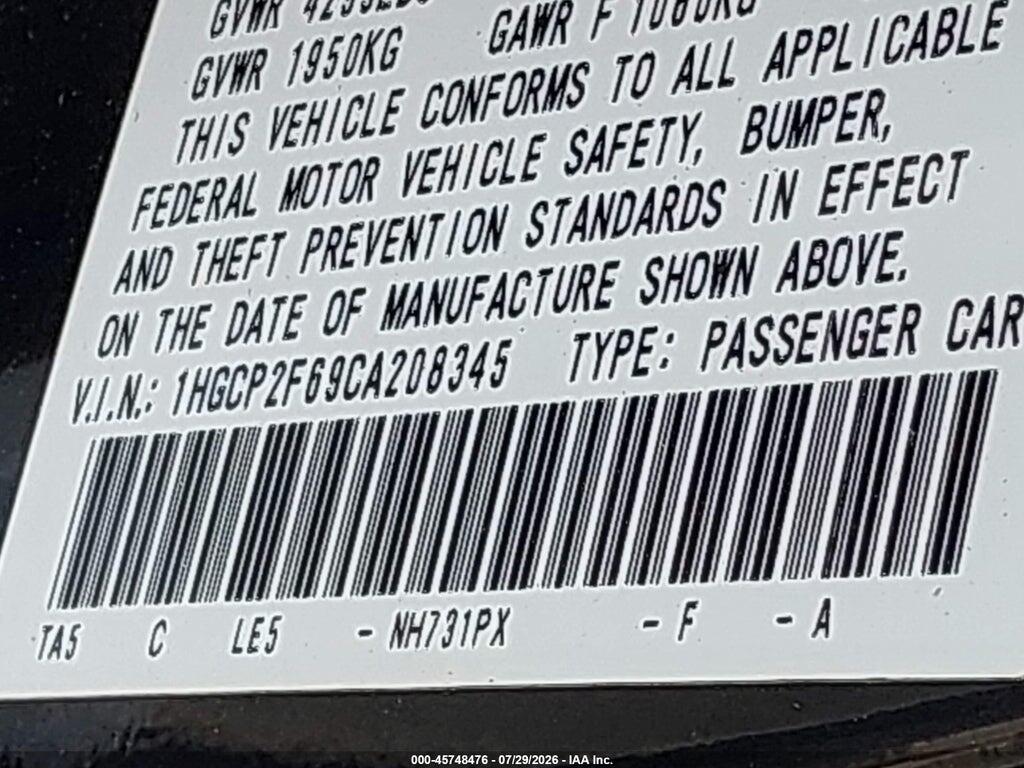 1HGCP2F69CA208345 2012 HONDA ACCORD photo no. 9
