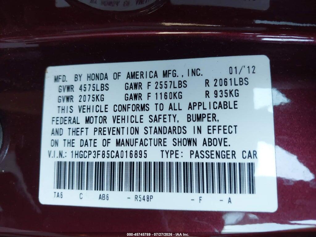 1HGCP3F85CA016895 2012 HONDA ACCORD photo no. 9