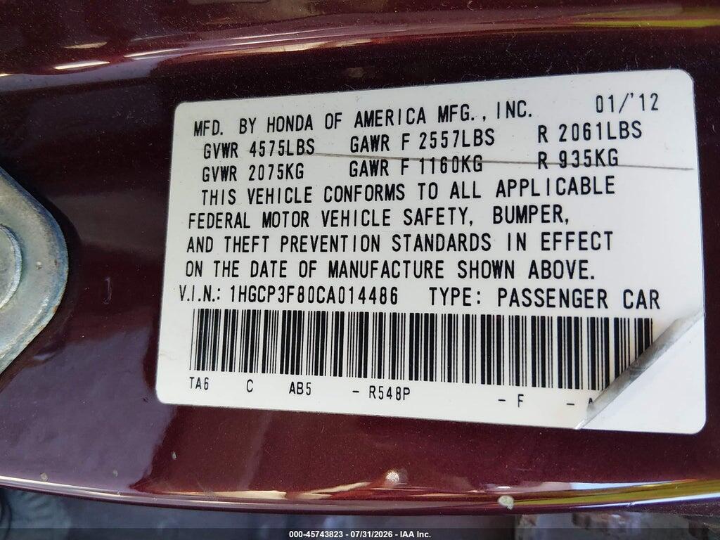 1HGCP3F80CA014486 2012 HONDA ACCORD photo no. 9