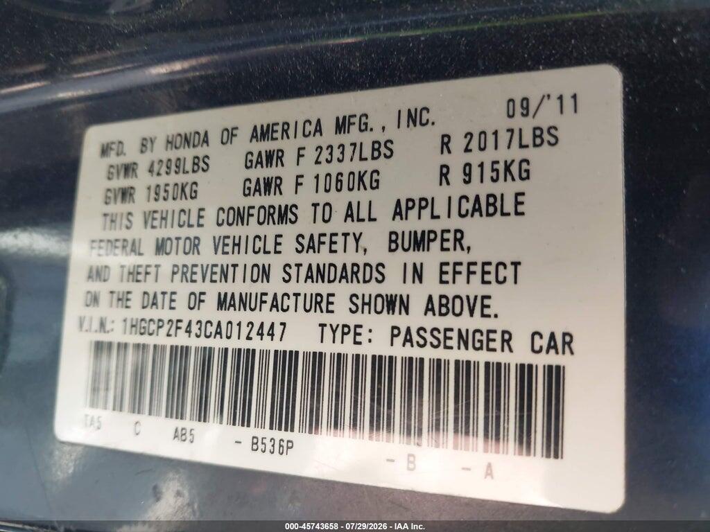 1HGCP2F43CA012447 2012 HONDA ACCORD photo no. 9