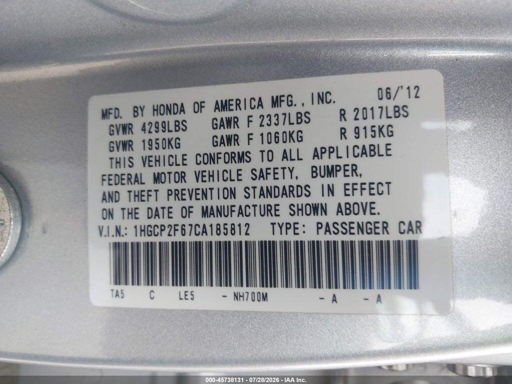 1HGCP2F67CA185812 2012 HONDA ACCORD photo no. 9