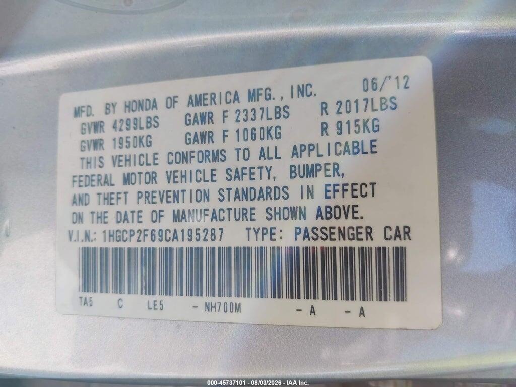 1HGCP2F69CA195287 2012 HONDA ACCORD photo no. 9